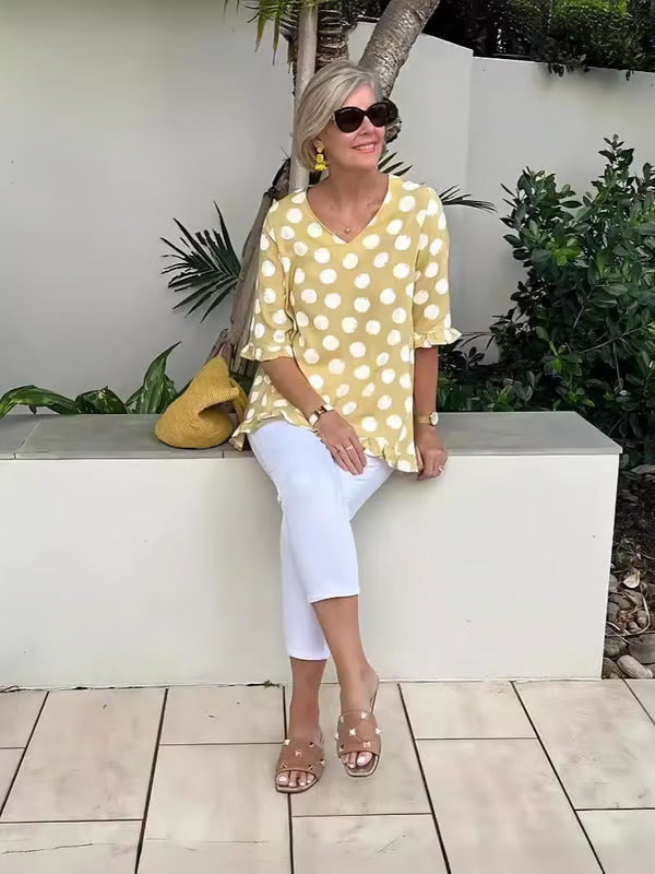 Denise | Relaxed V-Neck Polka Dot Blouse