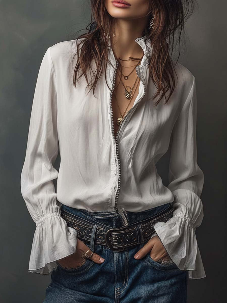 Ana · White Blouse with Ruffles and Zipper