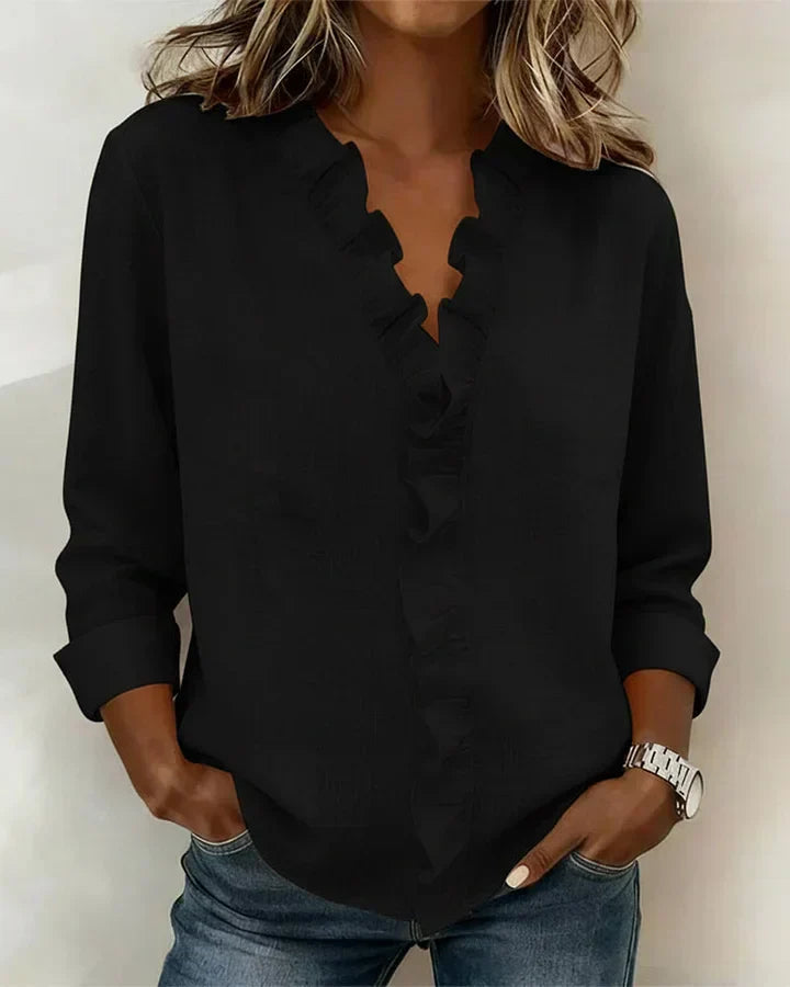 Indie | Blouse with Ruffles, V-Neck and Long Sleeves