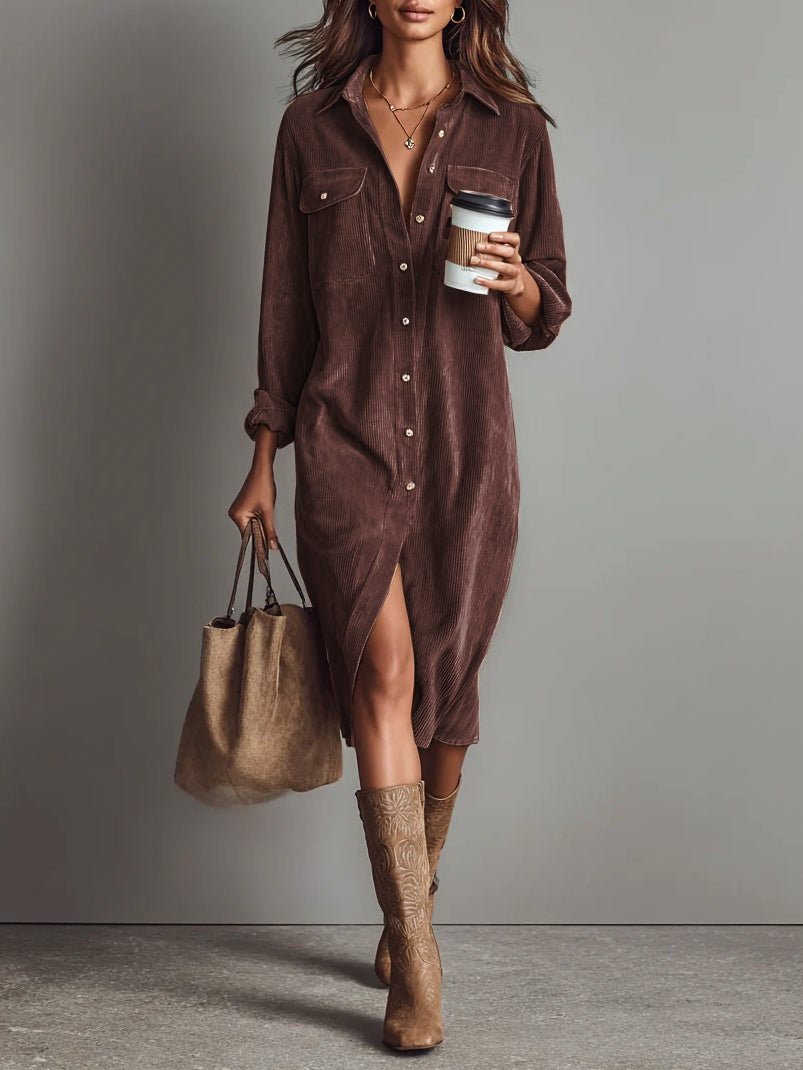 Corduroy Midi Dress with Double Chest Pockets