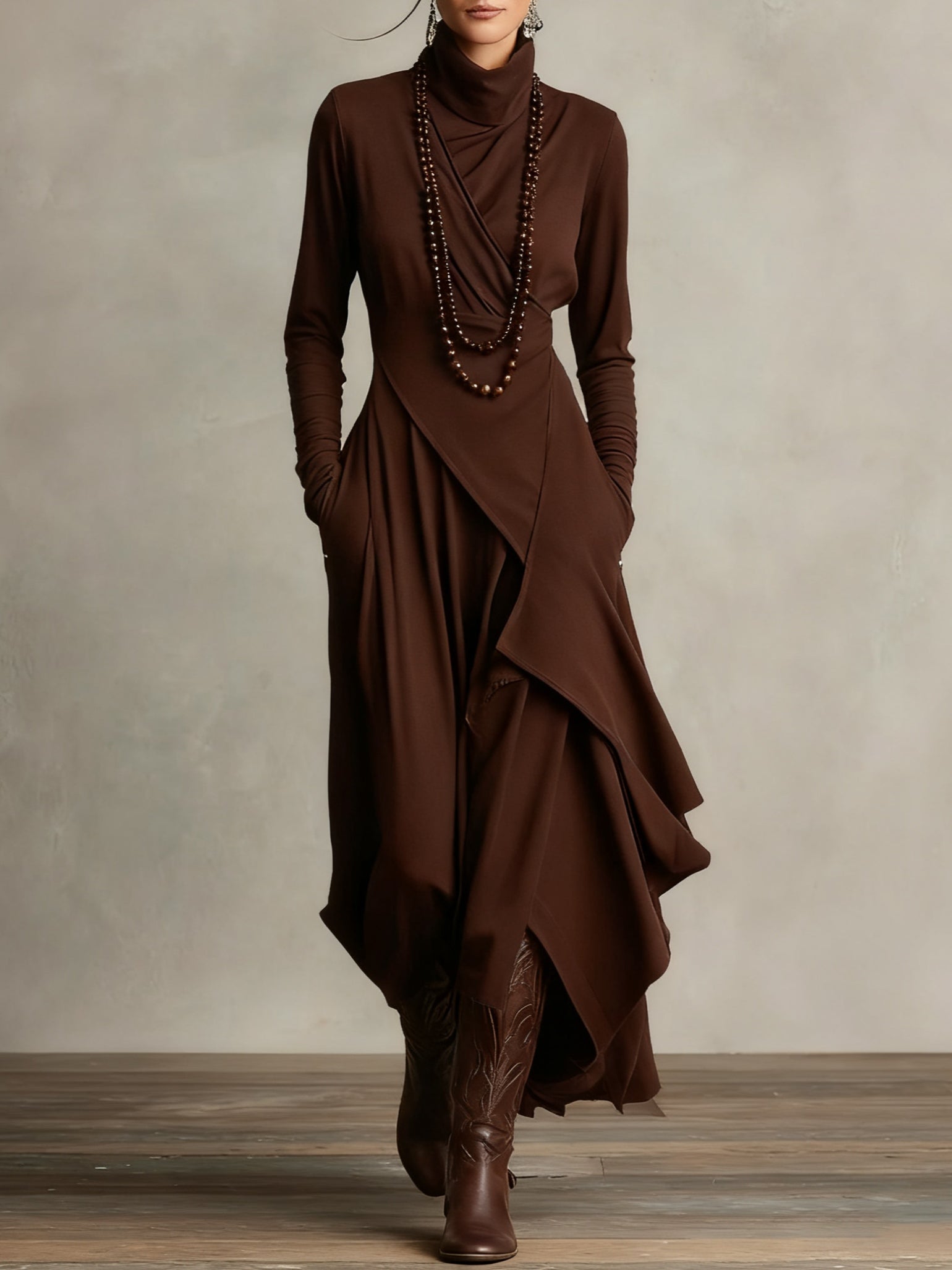 Elowen – Elegant High-Neck Asymmetrical Maxi Dress